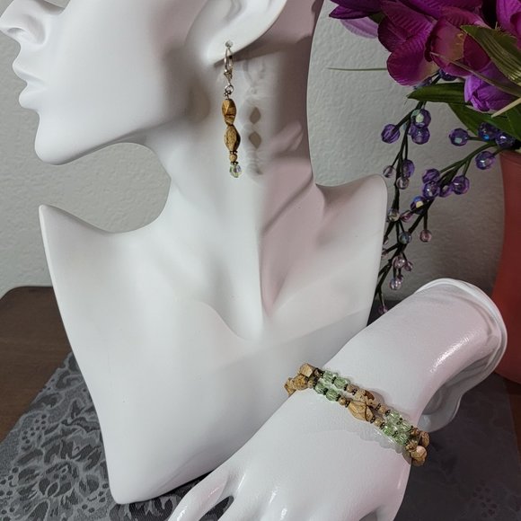 Artisan Jewelry - Jasper Gemstone Bracelet and Earrings with Green Swarovski Crystals SET